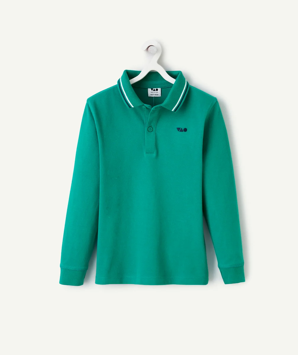 POLO MANCHES LONGUES GARÇON VERT AVEC DÉTAILS BLEUS ET BLANCS