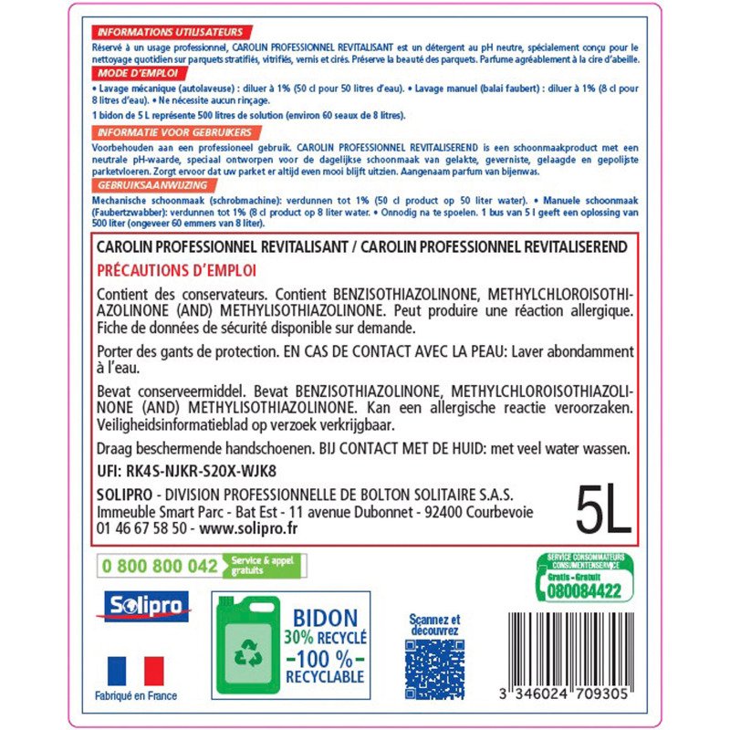 Nettoyant revitalisant Parquets Carolin professionnel  - Bidon de 5 L