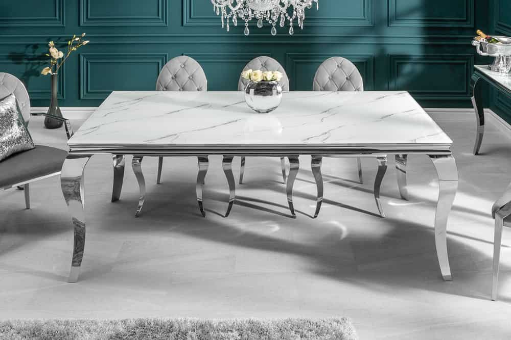 Design Esstisch MODERN BAROCK 180cm weiß chrom Glasplatte Marmor Edelstahlbeine