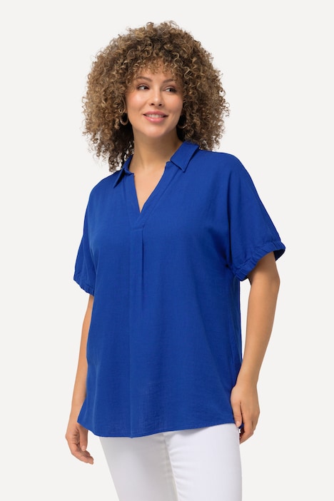 Bluse, Leinenmix, Oversized, V-Ausschnitt, Halbarm