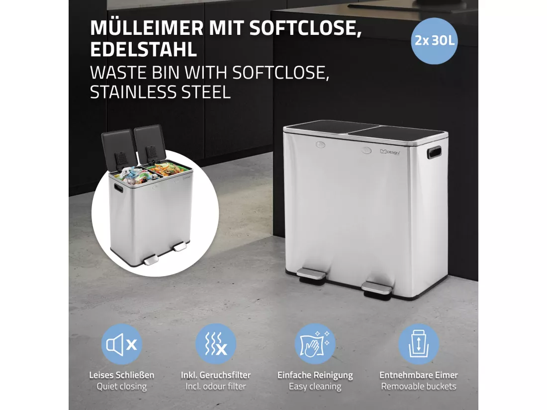 Poubelle double cuisine à pédale tri déchets ménagers 2 bacs 2x30L argent 60L
