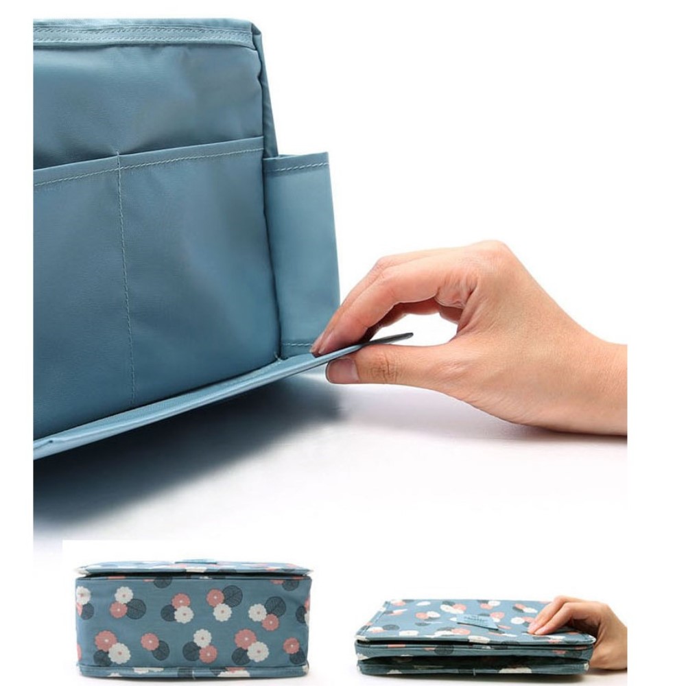 Faltbare Reise Kulturtasche Waschbeutel mit Trageschlaufe & Befestigungshaken - Blumen (Blau)