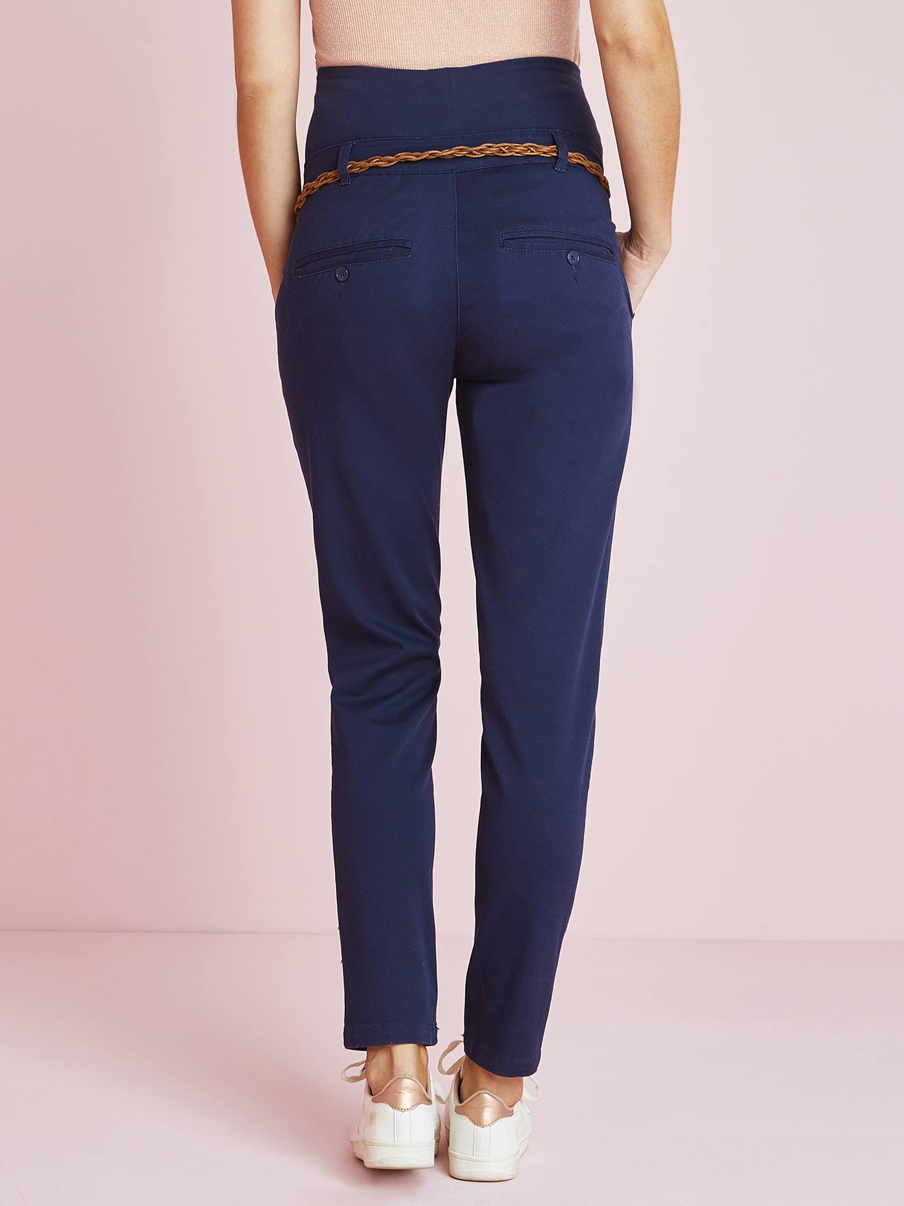 Calça chino para gestante, comprimento da perna 82 cm, azul escuro liso com estampas.