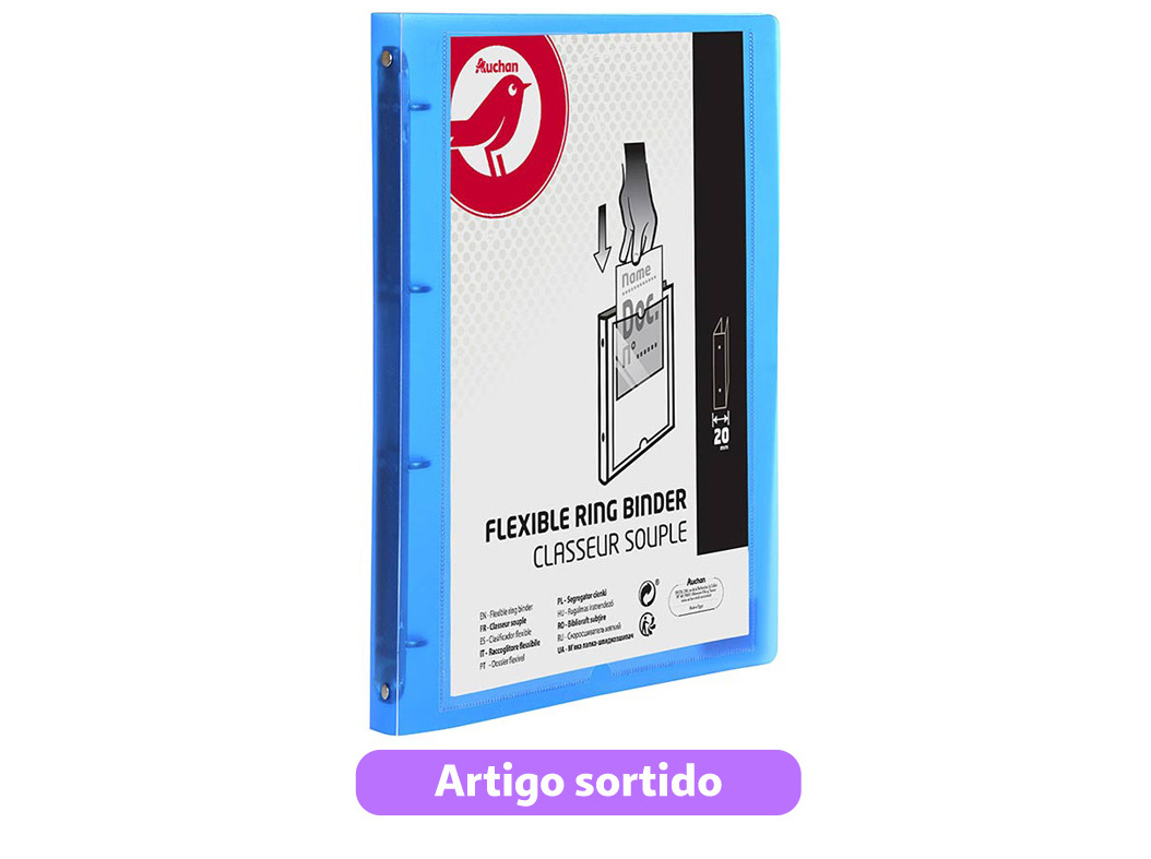 DOSSIER COMERCIAL A4 AUCHAN 4 ARGOLAS LOMBADA 20MM POLIPROPILENO CORES SORTIDAS
