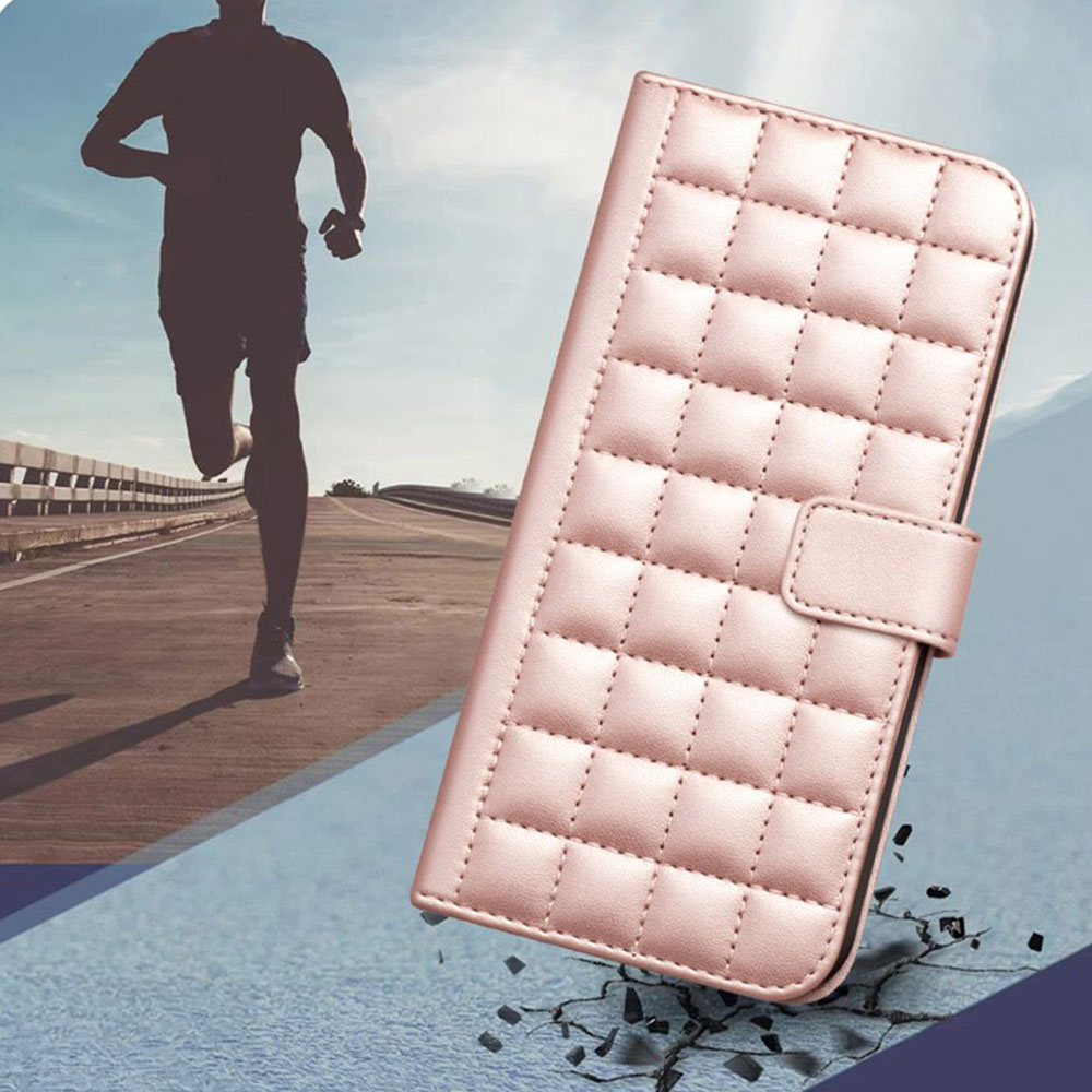 iPhone 16e Leder Tasche Flip Cover Kartenfächer Gittermuster   Handschlaufe - Roségold