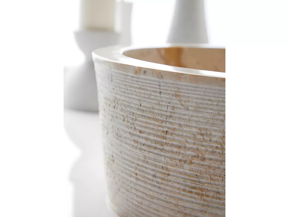 Vasque à poser / lavabo rond en marbre coloris beige - Diamètre 40 x Hauteur 15 cm
