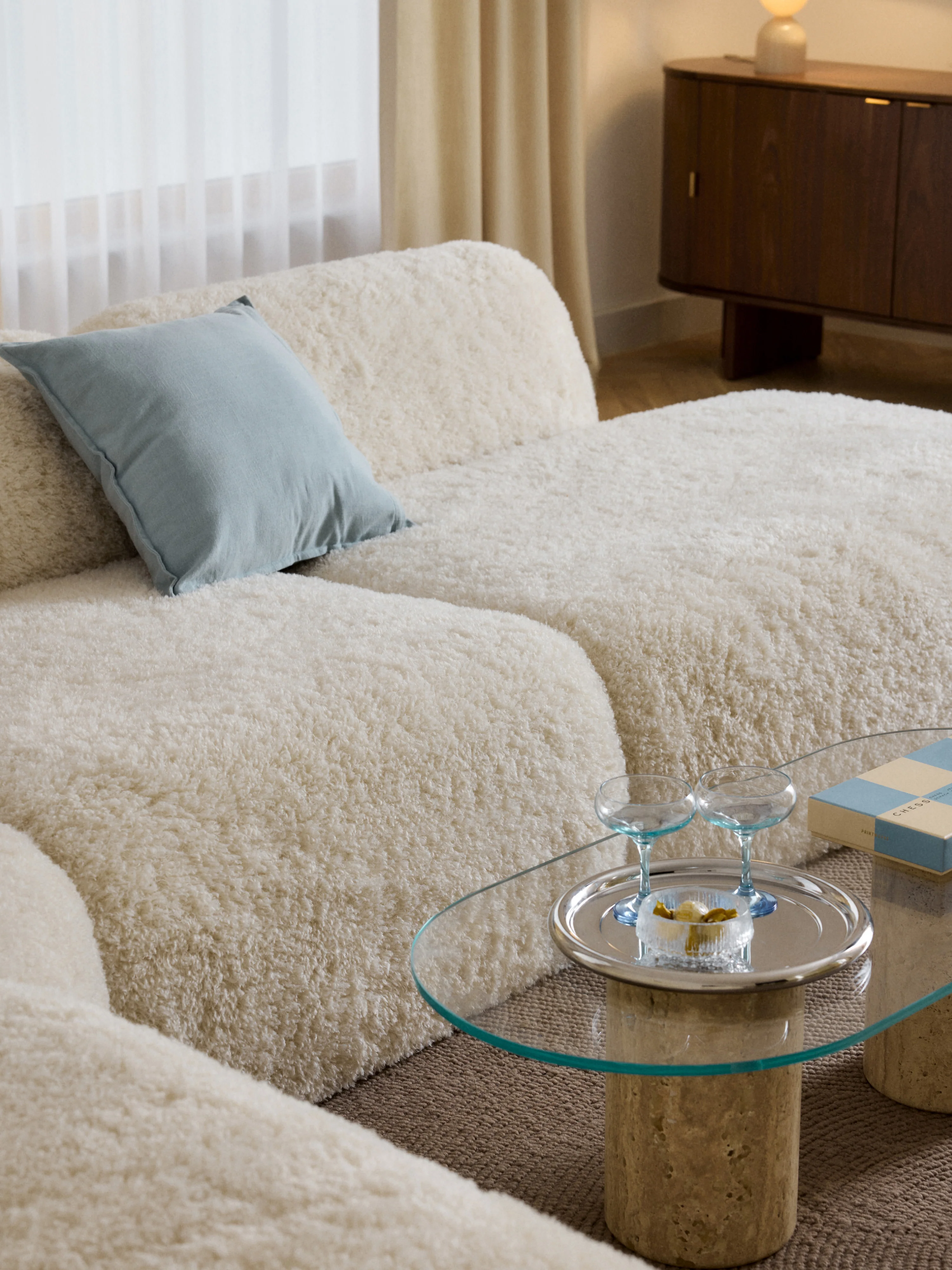 XL modulaire teddy-hoekbank Wolke (4-zits) met chaise longue aan het uiteinde