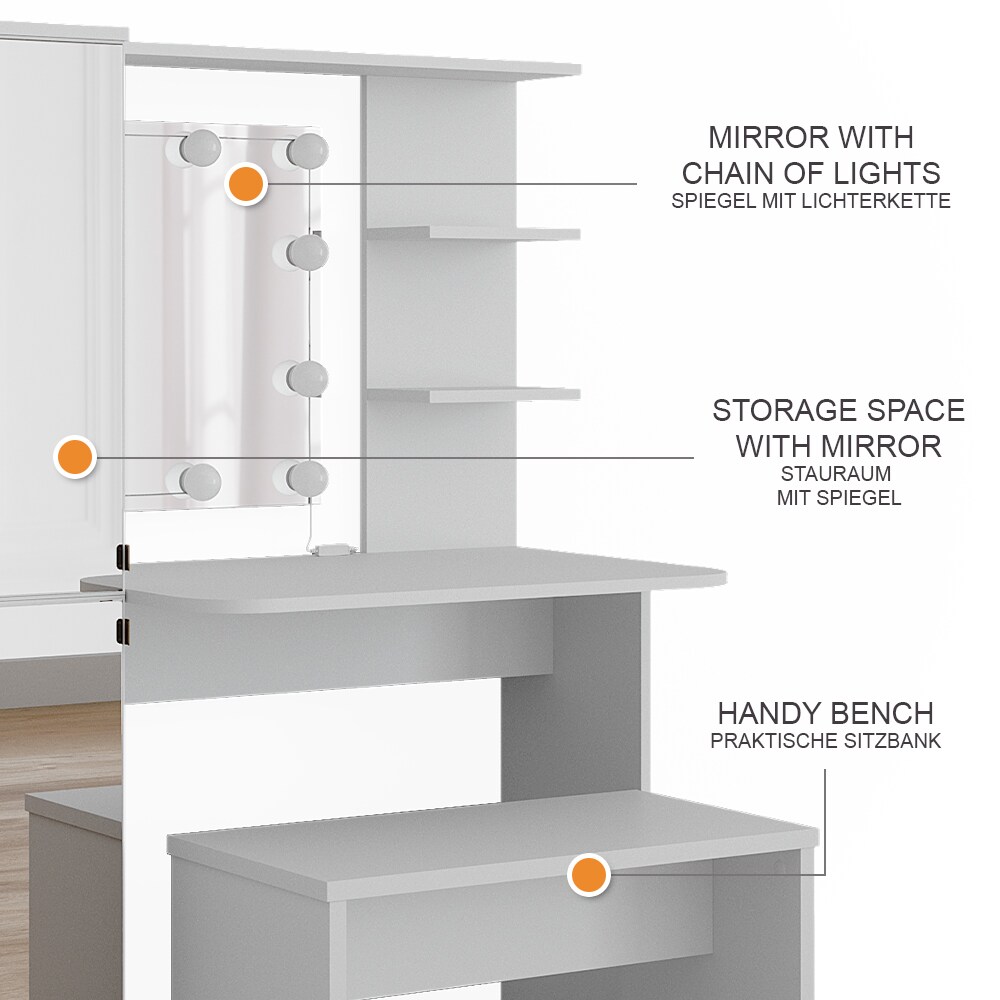 Vicco Schminktisch Jasmin Weiß 123 cm mit LED-Beleuchtung und Bank