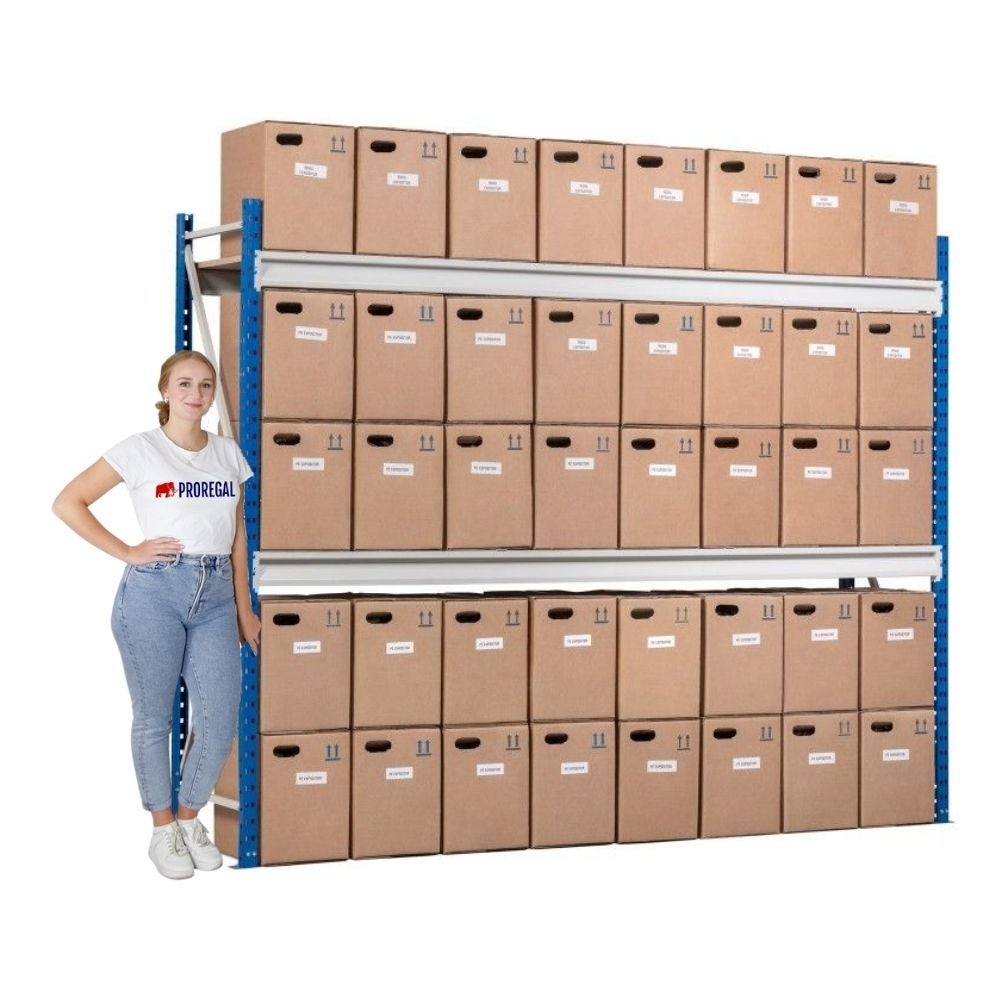 PROREGAL Breedspankast Maximus Pro basiskast HxBxD 200 x 275 x 60 cm 3 legplanken Spaanplaat legplank draagvermogen 450 kg Lichtblauw & lichtgrijs