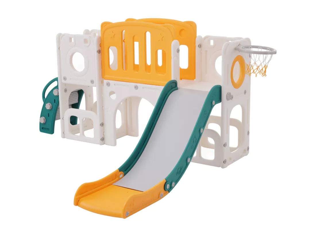 Toboggan 6 en 1 en PEHD pour enfant, avec plate-forme, escalier, 2 zondes de rangement, arcade, panier de basket, vert