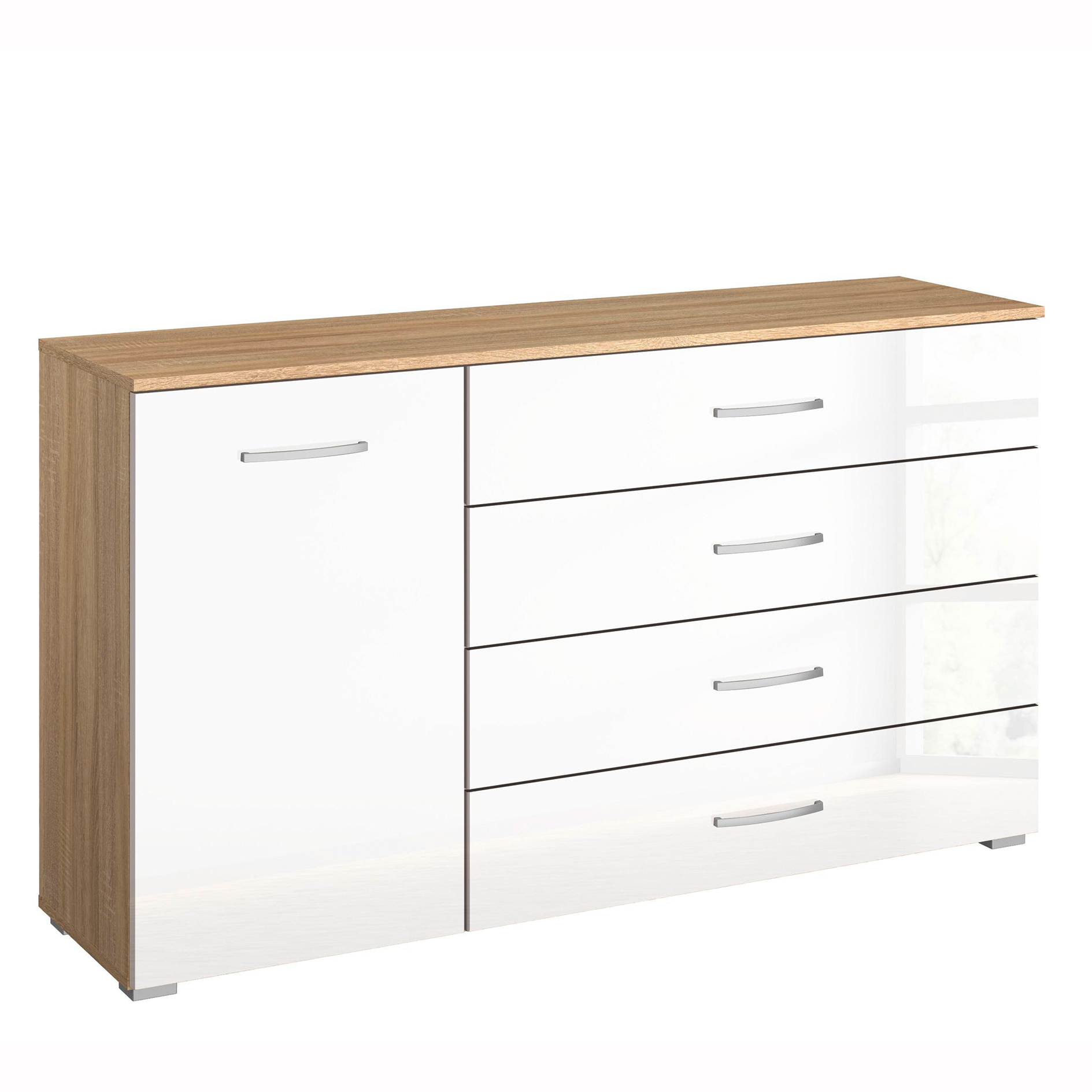 Sideboard - weiß Hochglanz-Sonoma Eiche - 4 Schubkästen - 140 cm