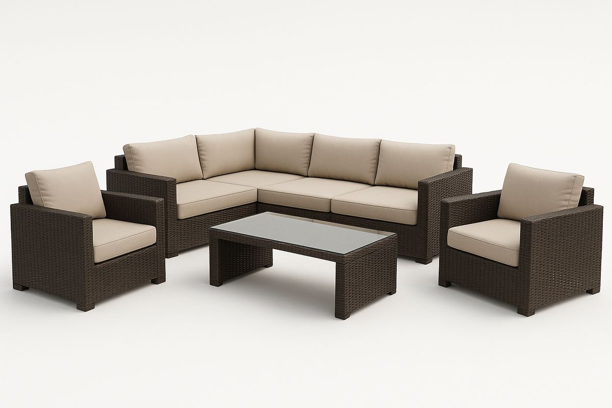 Ecksofa Set Polyethylen Rattan Braun Beige mit Glas Couchtisch