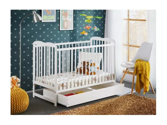 Lit bébé évolutif avec tiroir et matelas collection NOE réglable en hauteur. Coloris blanc mat.