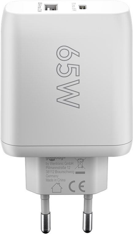 (65W/3A) USB A / USB C GaN Ladegerät Netzteil Power Delivery (65410) - Weiss