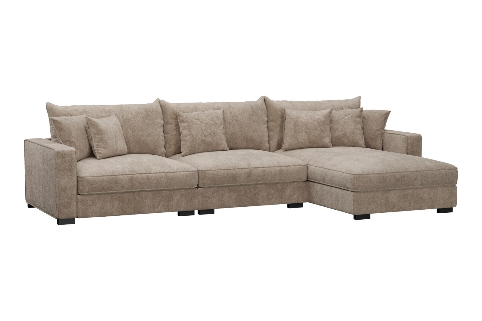 Rossi 3-seter med sjeselong høyre Tekstil Genesis 4 Beige, arm B med sorte ben. Std. Komfort.