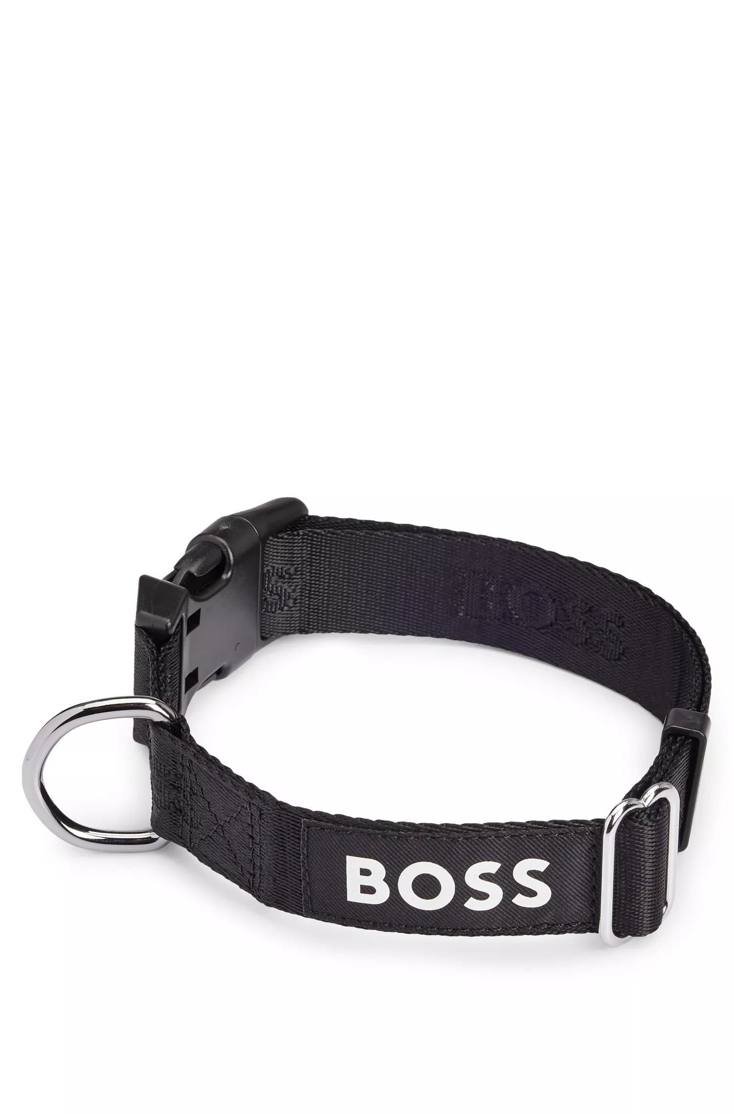 Coleira BOSS preta para cães com detalhes em jacquard do logotipo.