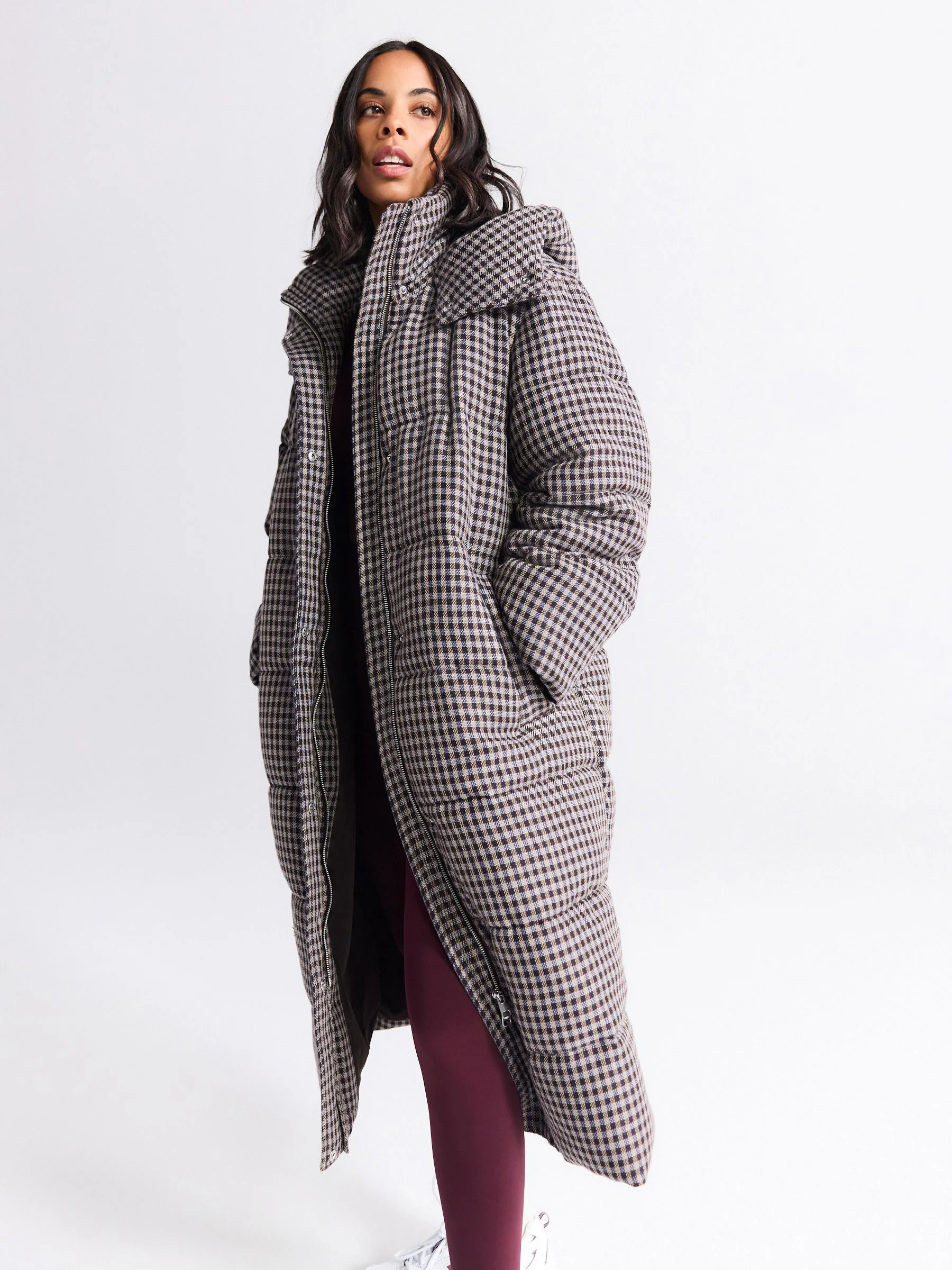 Chocoladebruin - Long Padded Check Coat