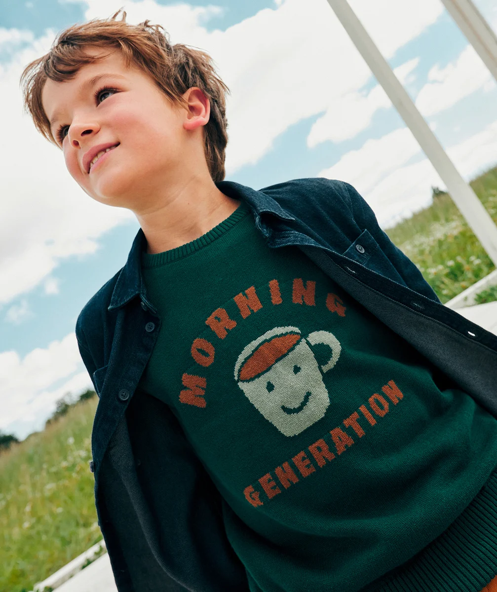 PULL EN TRICOT VERT MESSAGE ET CAFÉ GARÇON