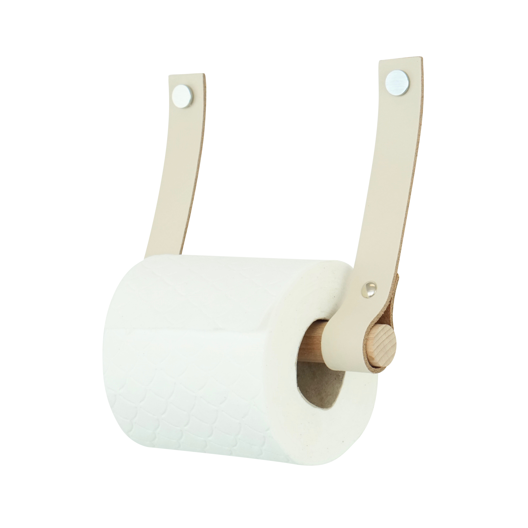 Leren toiletrolhouder (roldrager: rondhout) Creme