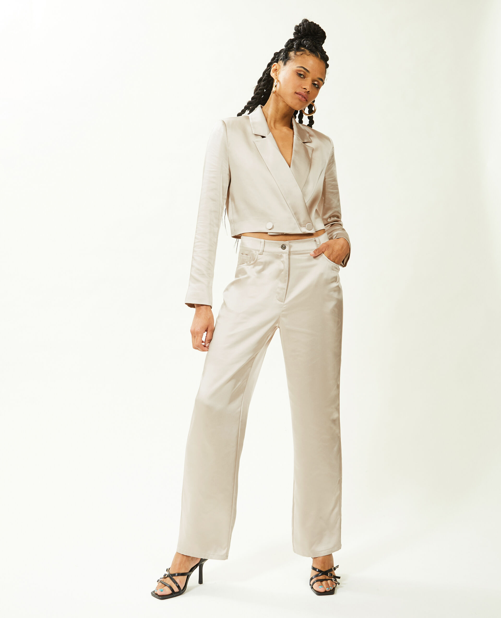 Veste blazer courte en satin - Écru