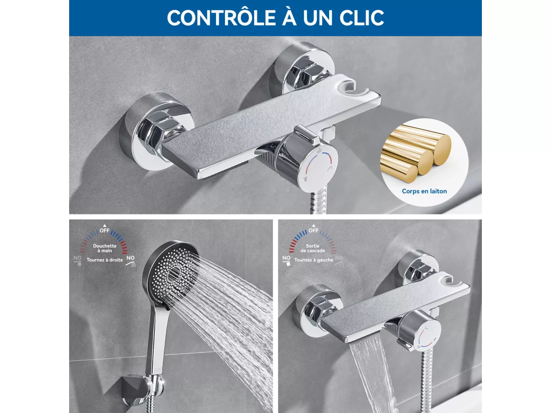 Robinet Baignoire Cascade Auralum max,Chromé,avec Douchette 5 Fonction,Mitigeur en Laiton+Ensemble Salle Bain Accessoire 6 Pièces,Inox,Brossé