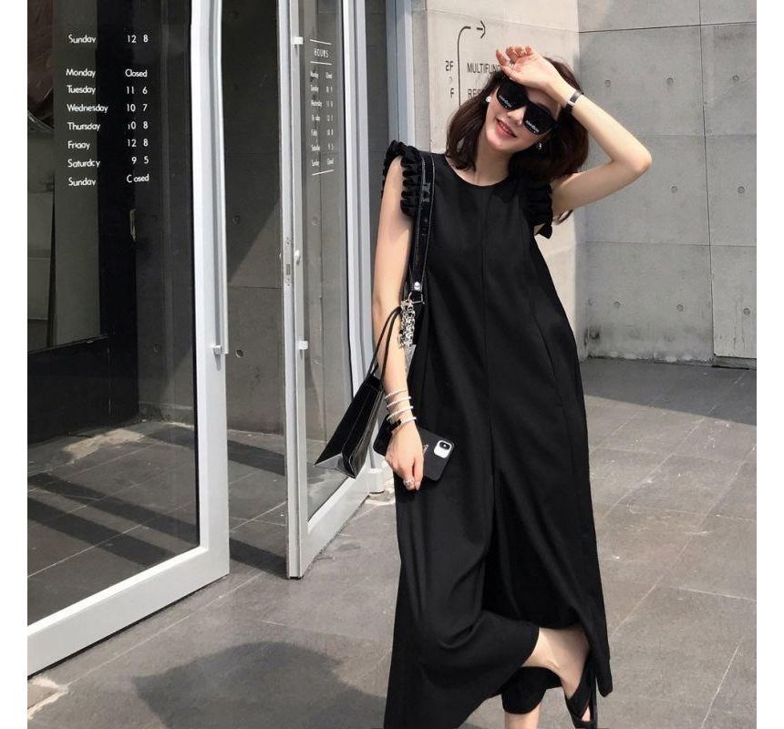 Meatacci - Mouwloze jumpsuit met ronde hals, effen ruches en wijde pijpen