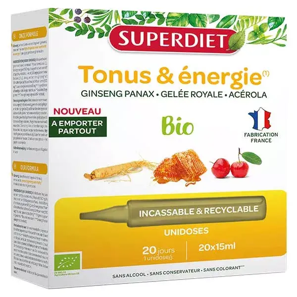 Geleia Real de Ginseng Orgânico Superdiet, 20 ampolas de dose única.