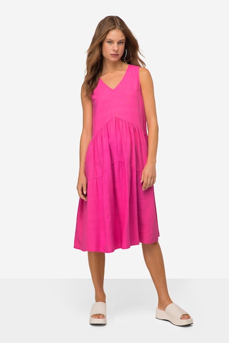 Leinenmix-Kleid, uni, V-Ausschnitt, ärmellos