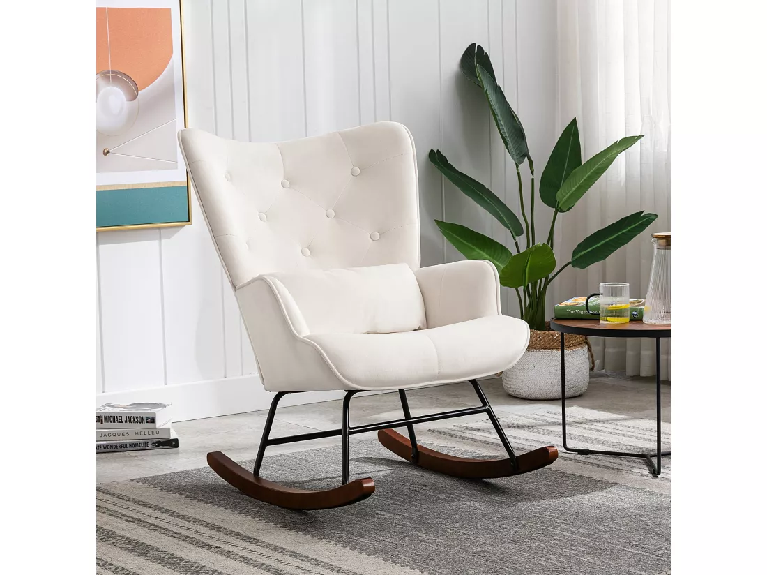 Fauteuil à Bascule Rembourré en Velours Moderne pour Salon, Chaise à Bascule à Dossier Haut avec Pieds en Bois, Beige