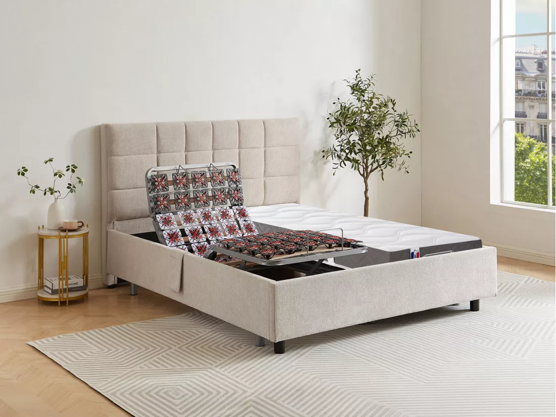 Lit électrique de relaxation déco tout plots + matelas 100% latex 3 zones - 2 x 70 x 190 cm - Tissu - Beige - JOFAR de YSMÉE