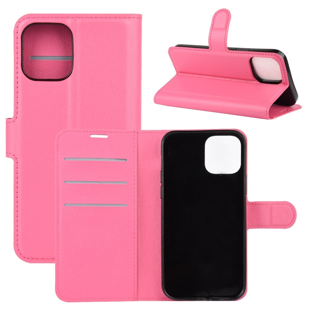 iPhone 12 / iPhone 12 Pro Leder Tasche Flip Cover Litchi Look - Pink