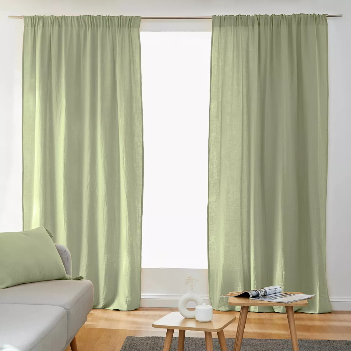 Rideau gaze de coton galon fronceur (180 x 240 cm) Gaïa Vert tilleul