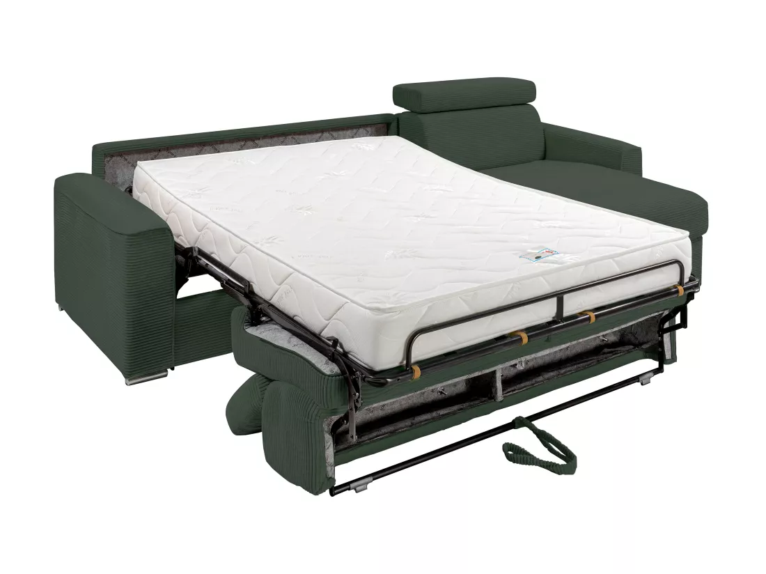 Canapé d'angle réversible convertible express en velours côtelé vert - Couchage 160 cm - Matelas 18 cm - VIZIR