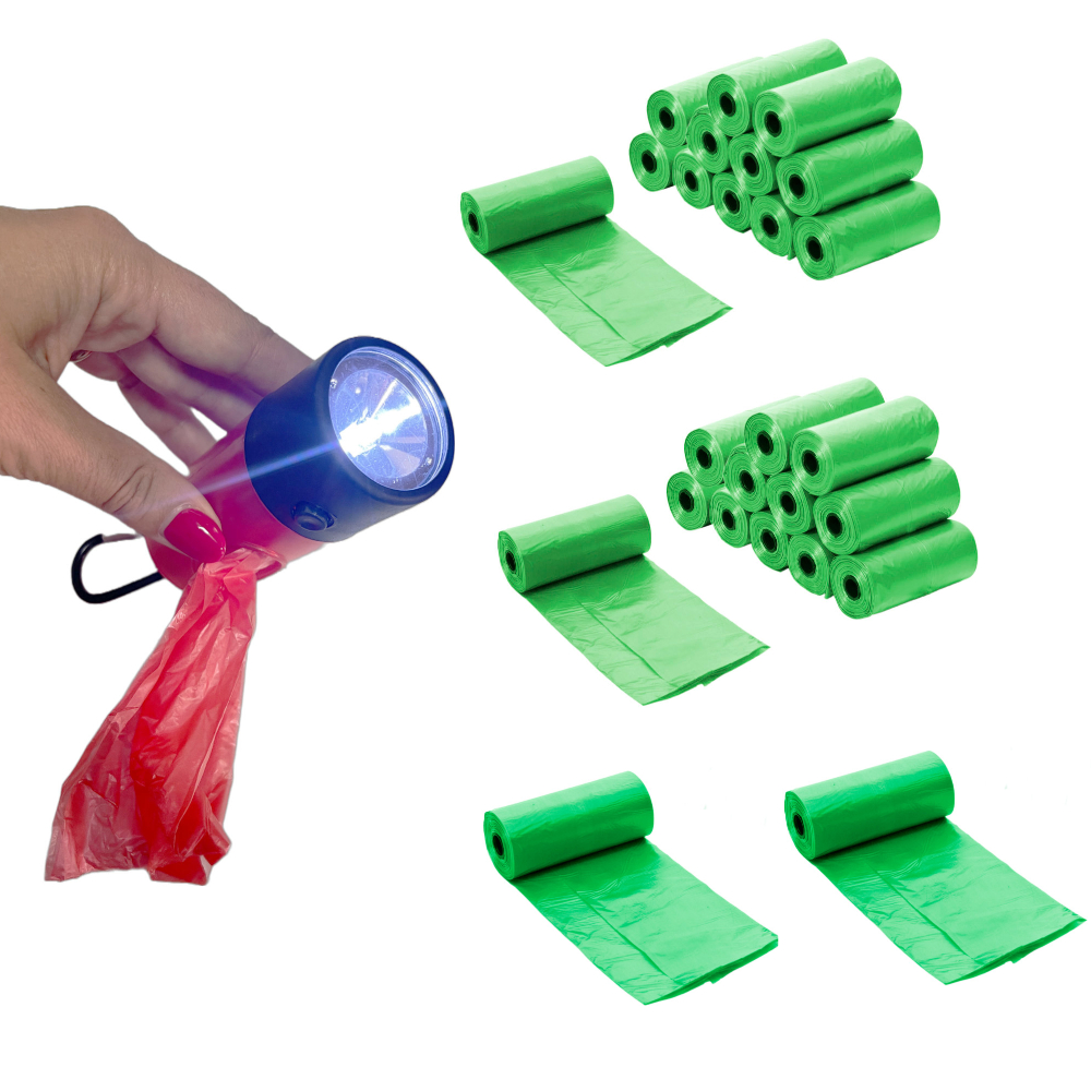 Porta-sacos com lanterna + 405 sacos higiênicos e duráveis para recolher fezes de cachorro: Passeios noturnos sem preocupações!