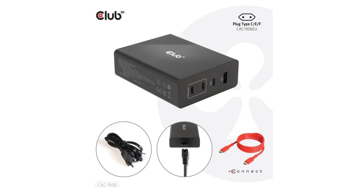 Club 3DTravel Charger 132W GAN technology  (Zwart, USB-A, USB-C, Power Delivery (PD) 3.0)