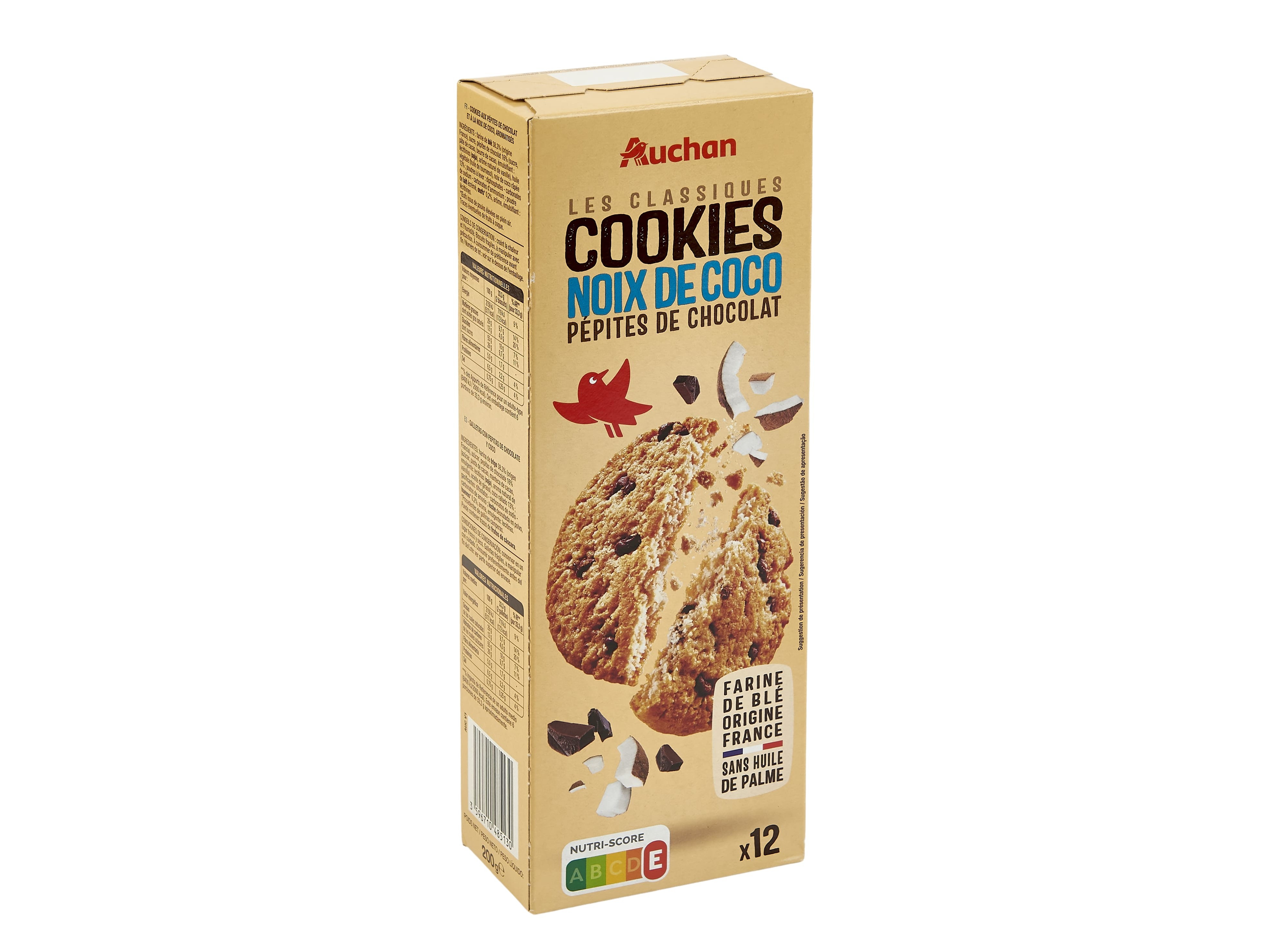 BOLACHAS COM PEPITAS AUCHAN CHOCOLATE E COCO 200G
