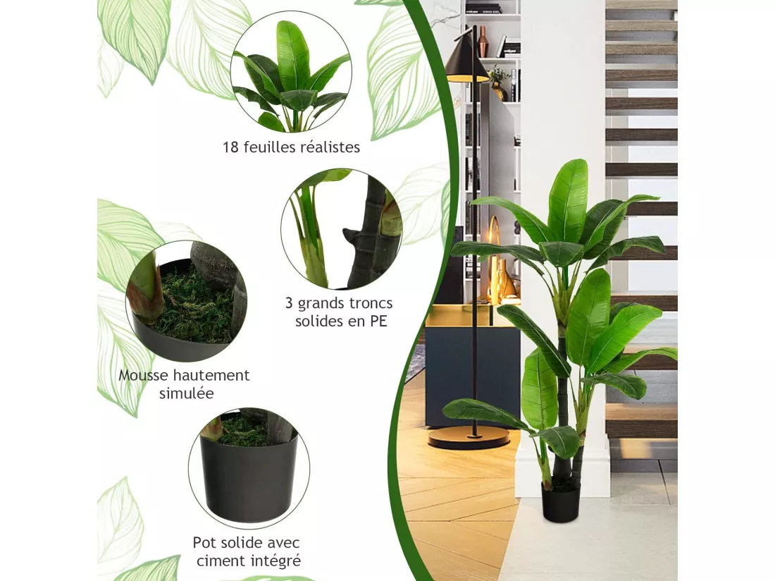 Plante Artificielle de 150CM en Plastique, Fausse Plante de Palmier Tropical avec 18 Grandes Feuilles, Pot en Ciment, 2 Mousse, pour Bureau, Maison, Jardin