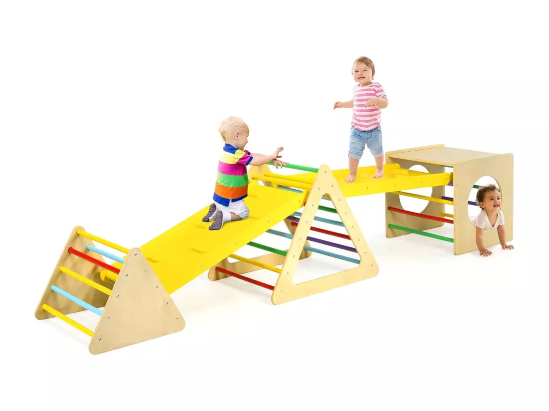5 en 1 Aire de Jeux d’Escalade Montessori avec 2 Toboggans Réversibles, Triangle d'escalade en Bois Enfants avec Cadre Solide, Charge 60kg pour Grimper Marcher Glisser