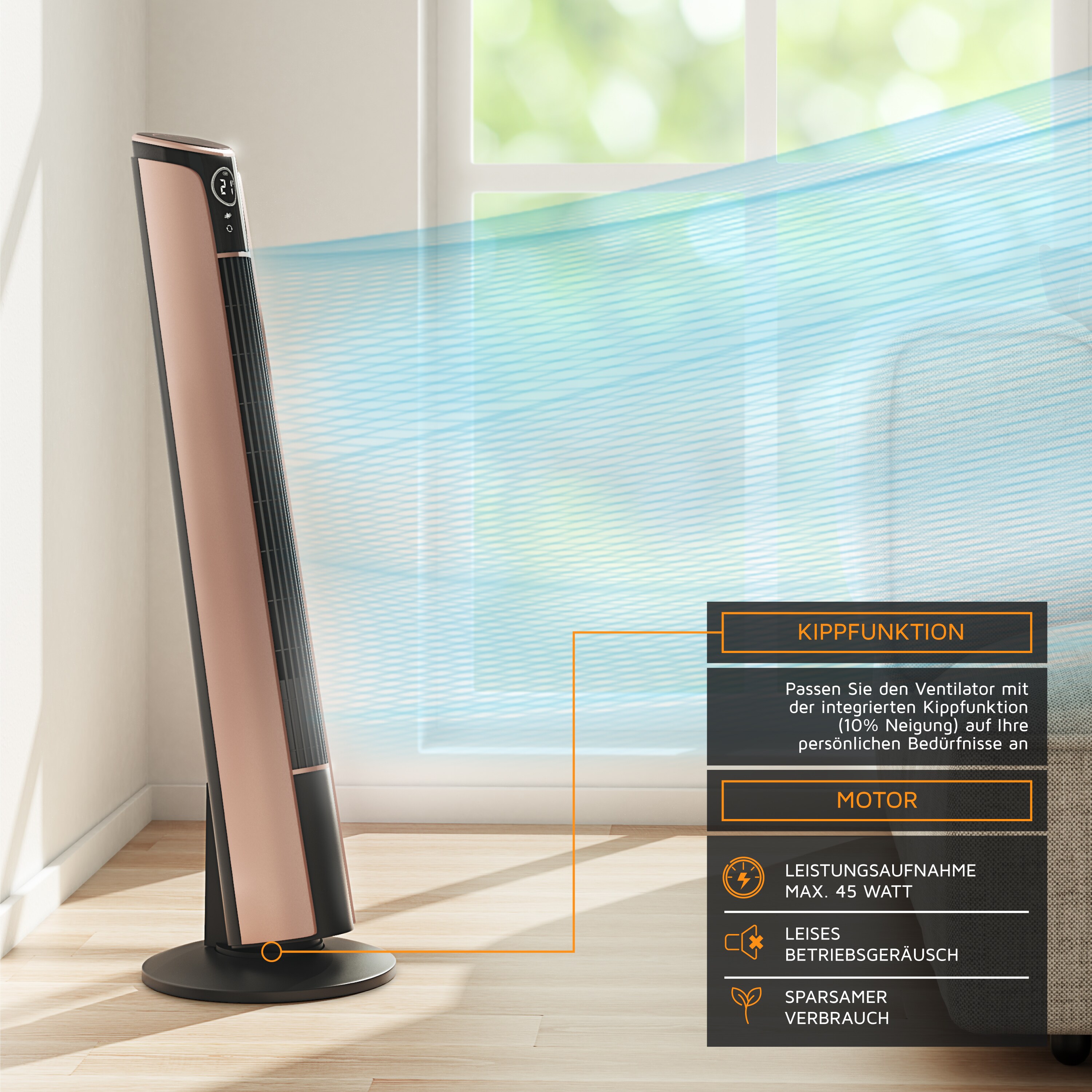 Brandson Turmventilator 108 cm, Ventilator 10 Grad neigbar, Standventilator, 65° oszillierend, 3 Geschwindigkeitsstufen, 4 Lüftungs-Modi