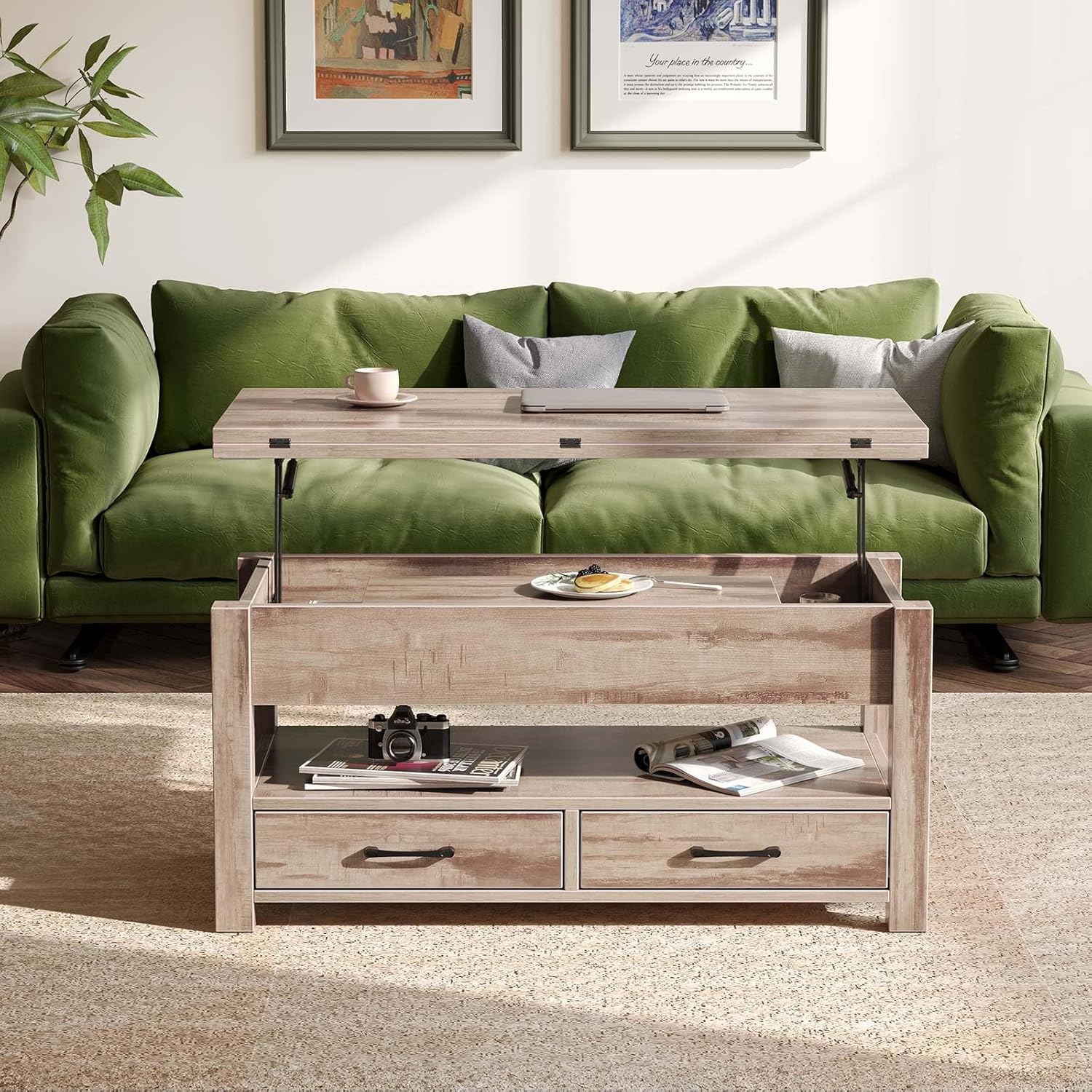 Rolanstar Couchtisch Höhenverstellbar, Wohnzimmertisch mit Schublade & verstecktem Fach, Kaffeetisch umwandelbar in Esstisch, 100 x 50 cm Sofatisch aus Holz