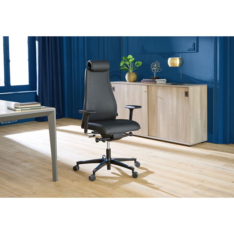 Fauteuil de bureau Victoria cuir - avec accoudoirs, appui-tête et soutien lombaire - Mécanisme Synchrone - Pied noir
