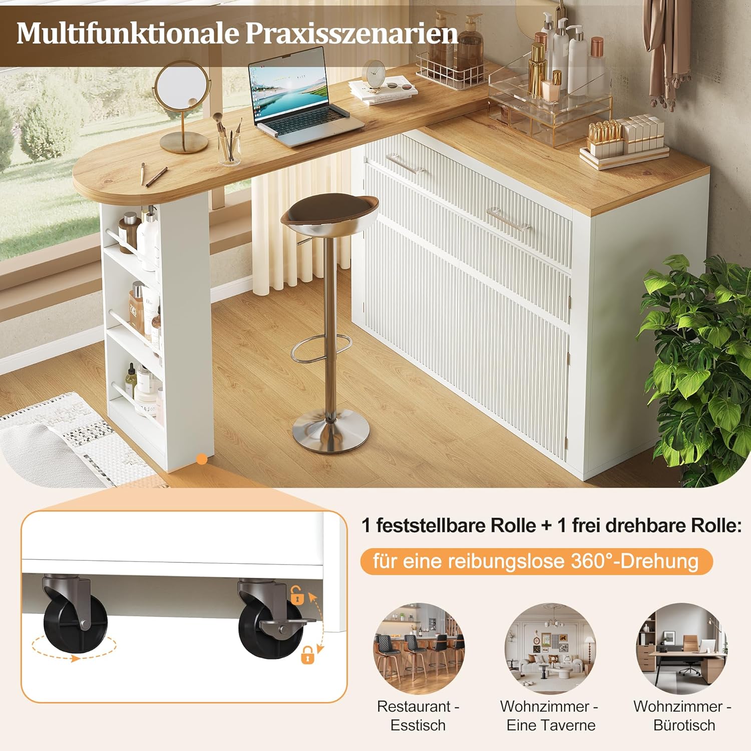 Ausziehbarer Bartisch mit Stauraum(137-215×39×102.3cm) , Moderner Beweglicher Bar Table, Teleskopischer Bartisch mit einer Schublade und zwei Regalen, Hochtisch Kücheninsel Bistro Table(Weiß)
