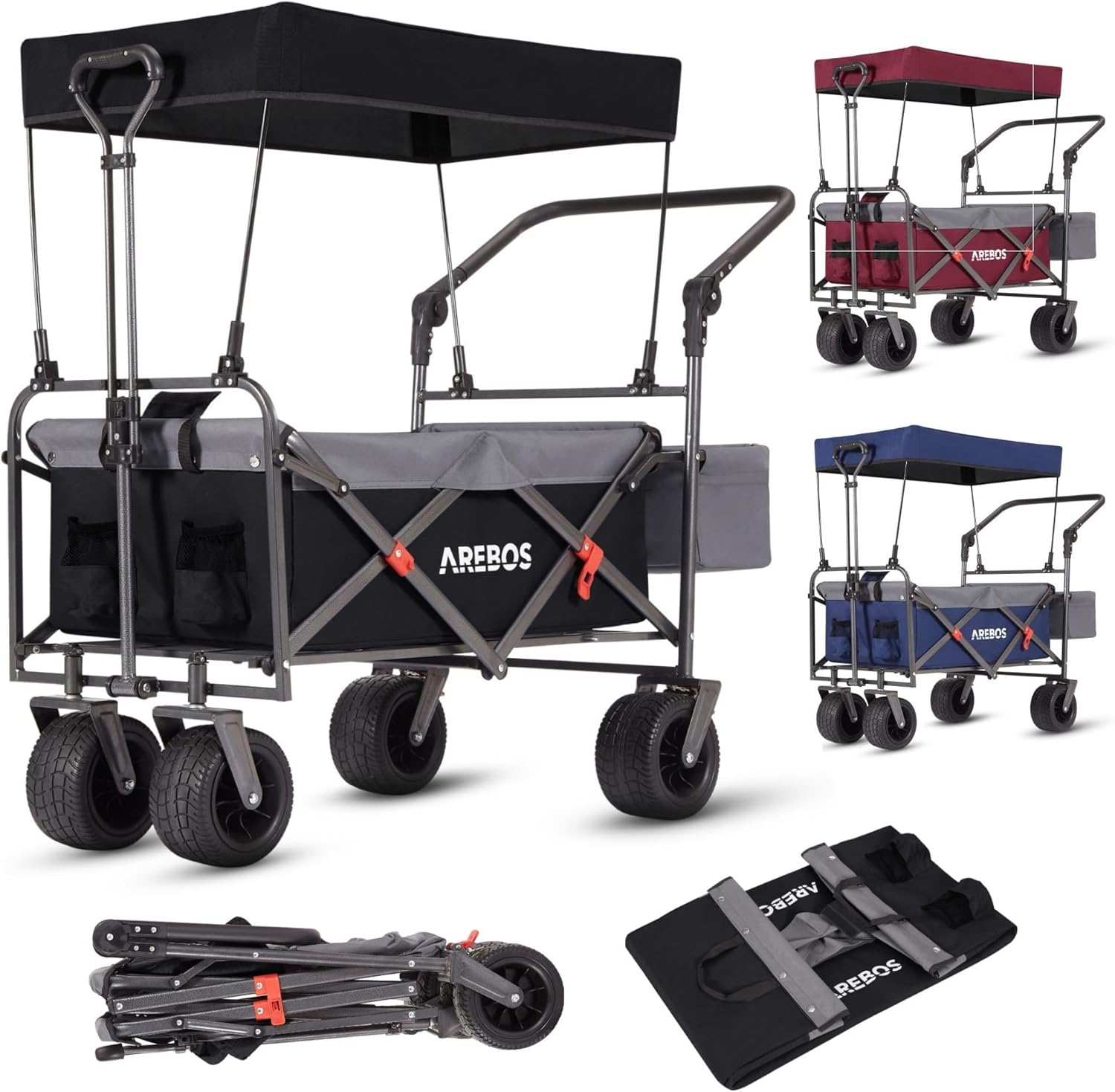 Arebos Bollerwagen faltbar mit Dach | Luxus Handwagen | Faltwagen | Transportwagen | XXL Tasche | klappbar | bis 100 kg | Gerätewagen | 360° Vorderräder | Schwarz