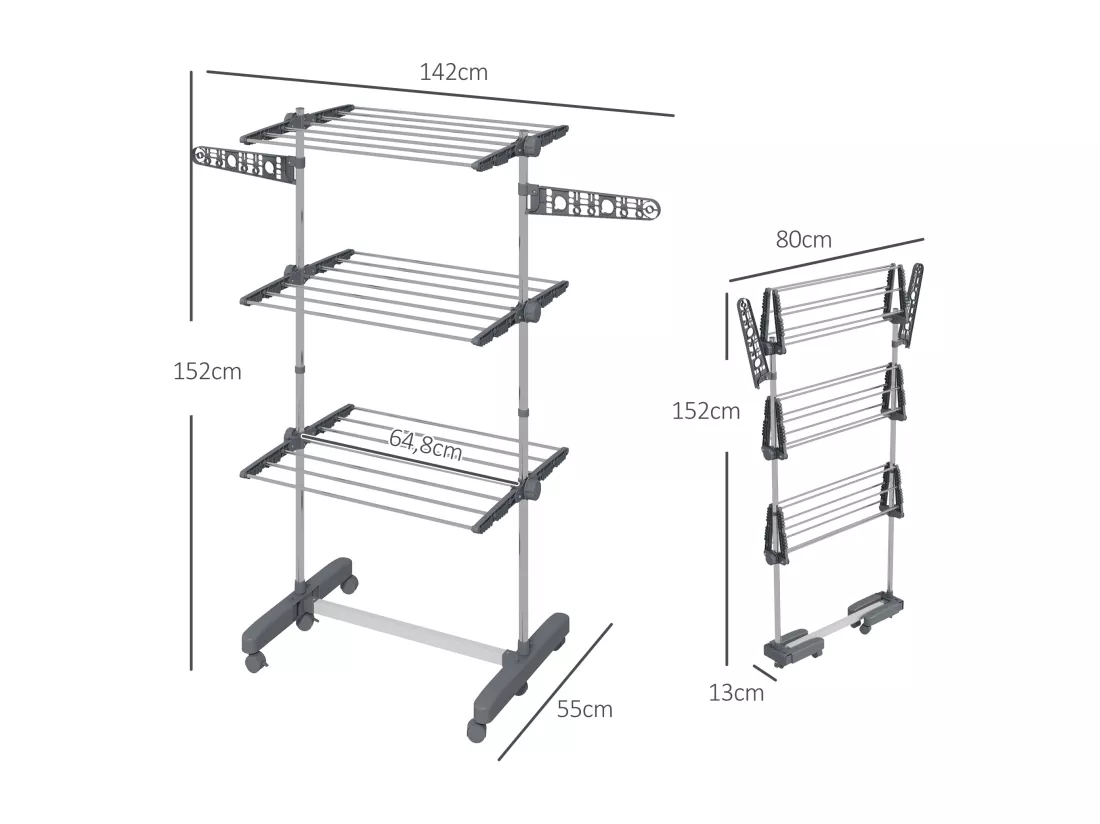 Séchoir à linge étendoir pliable ailes latérales 3 niveaux acier inox PP gris