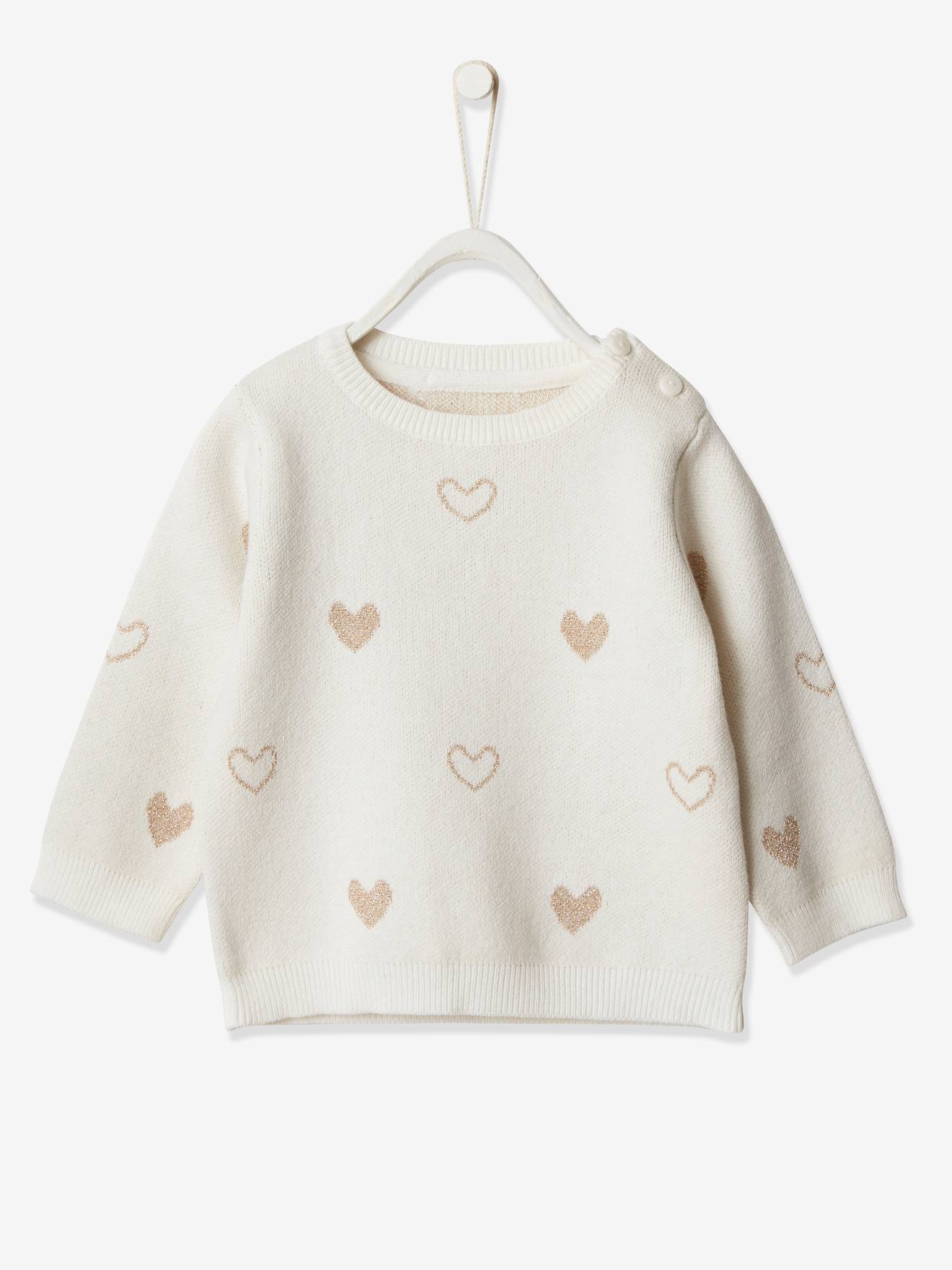 Suéter jacquard com corações para bebê menina, branco claro liso com estampas.