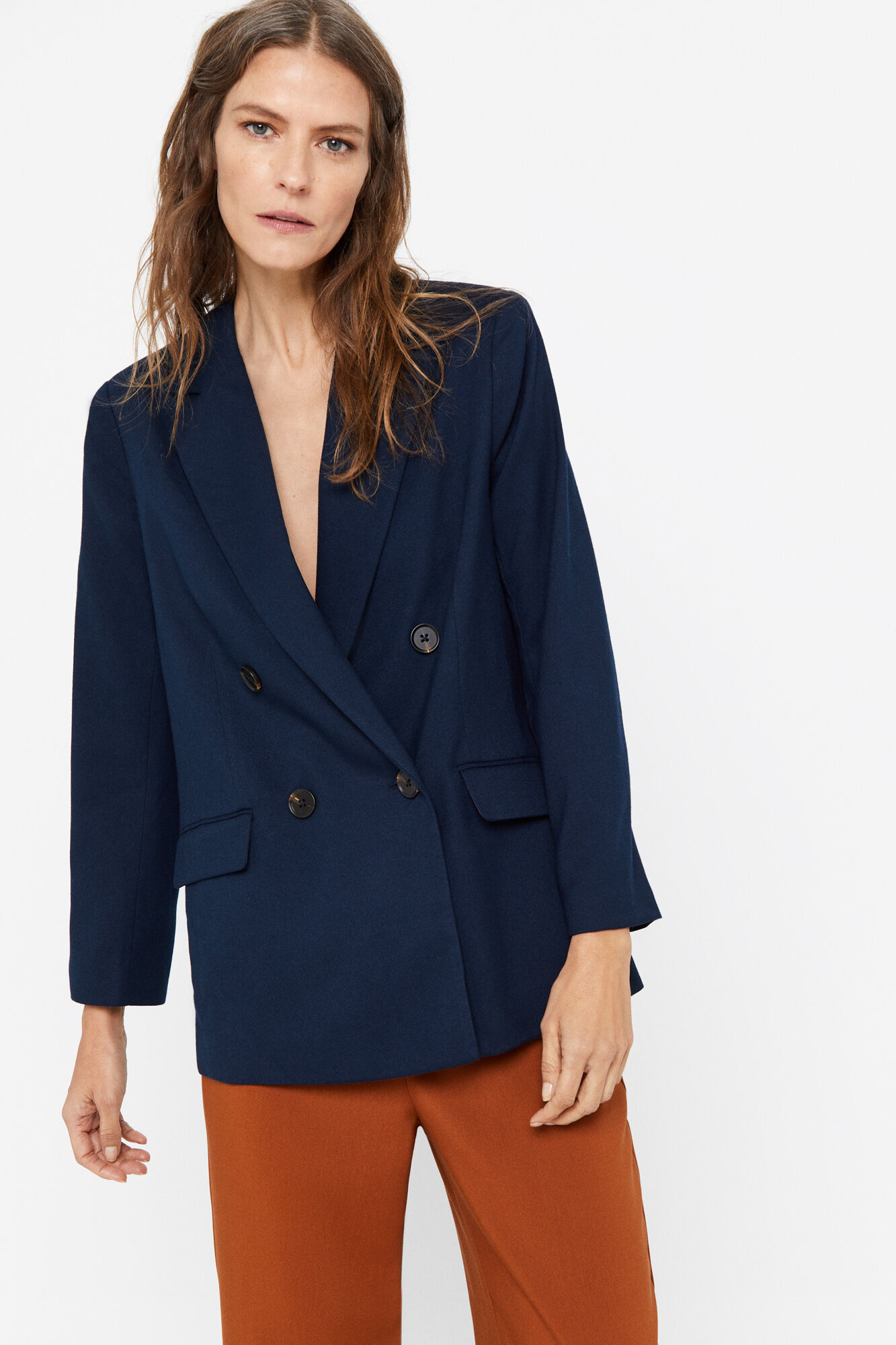 Blazer fluido de abotoamento duplo - Azul marinho
