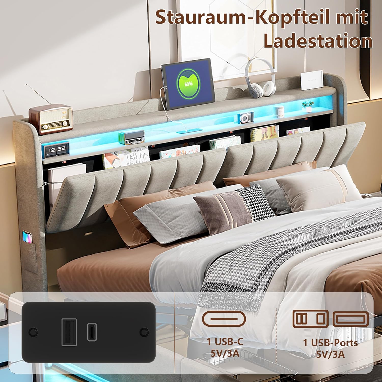 Polsterbett 160x200 cm,Doppelbett mit LED-Beleuchtung und Aufladen USB,Stauraumbetten mit Stauraum Kopfteil und Lattenrost,Jugendbett Stauraumbett Bettgestell,Bett mit Lattenrost (Grau, 160 x 200cm)