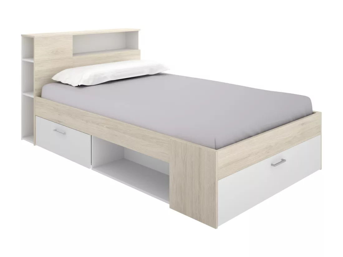 Lit avec tête de lit rangements et tiroir - 120 x 190cm - Coloris : Naturel et blanc + Sommier - LEANDRE