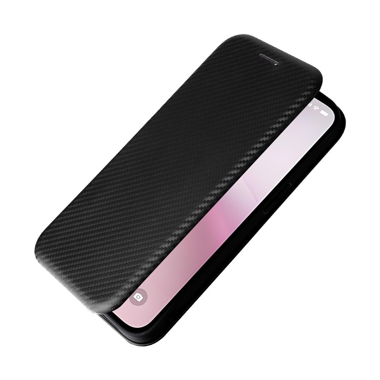 iPhone 16e Leder Tasche Flip Cover Carbon Look - Schwarz