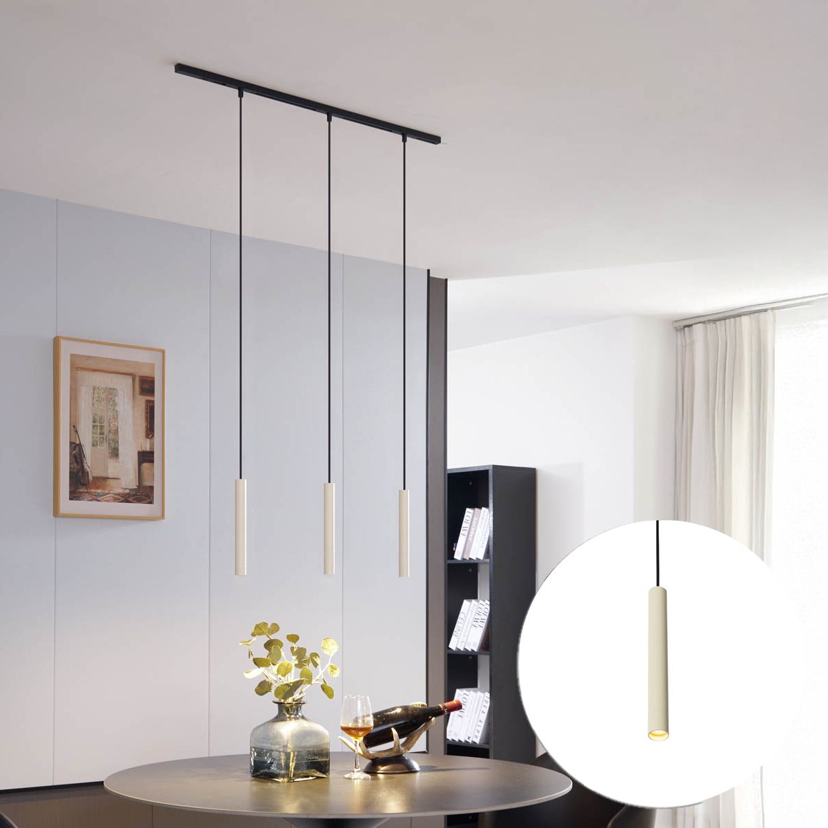 Modern railsysteem met 3 hanglampen beige met zwart 1-fase - Slimline Keno